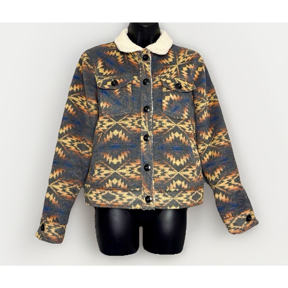 Rock‎ & Roll Cowgirl Jacket SMALL Gray Aztec Sherpa Navajo Southwest Fleece Coat
